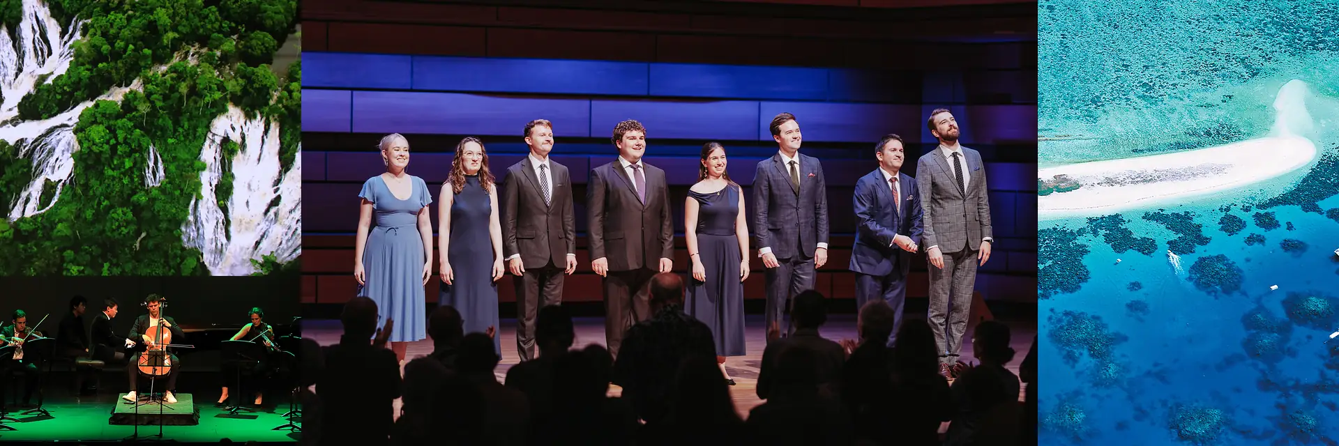 VOCES8 on stage at AFCM, flanked by festival performance and Great Barrier Reef imagery